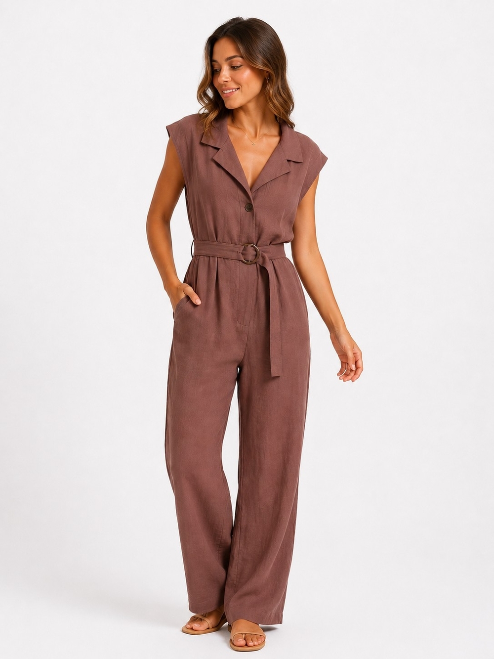 Zara Mauve-Brown Belted Wide-Leg Jumpsuit